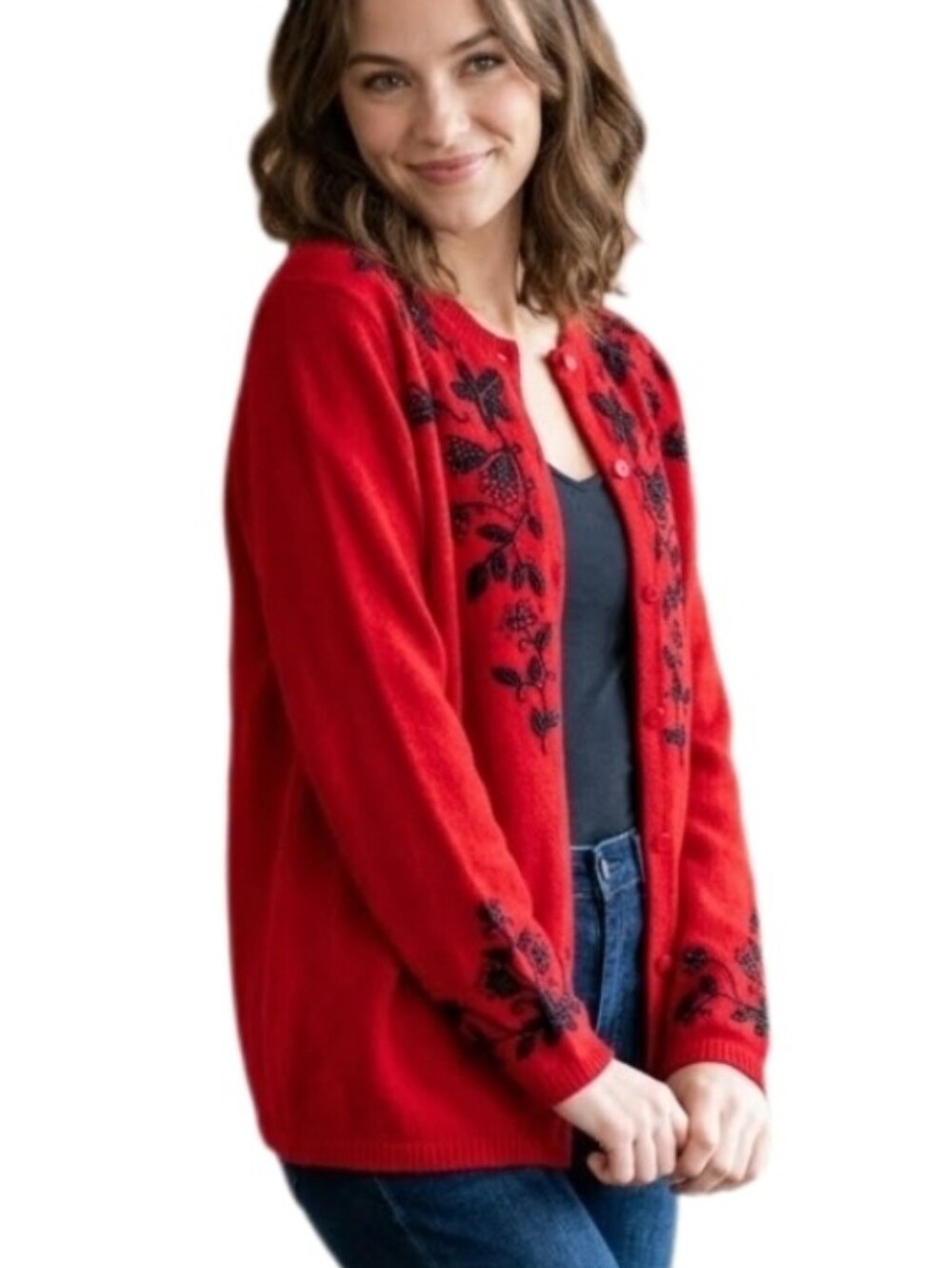 Denim & Co. Cardigan Red Embroidered Floral Red Plus Size 1X